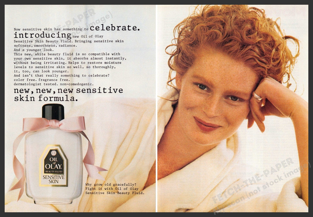 Oil of Olay 1980s Print Advertisement (2 pages) 1989 Freckled Redhead Model Skin Oil of Olay