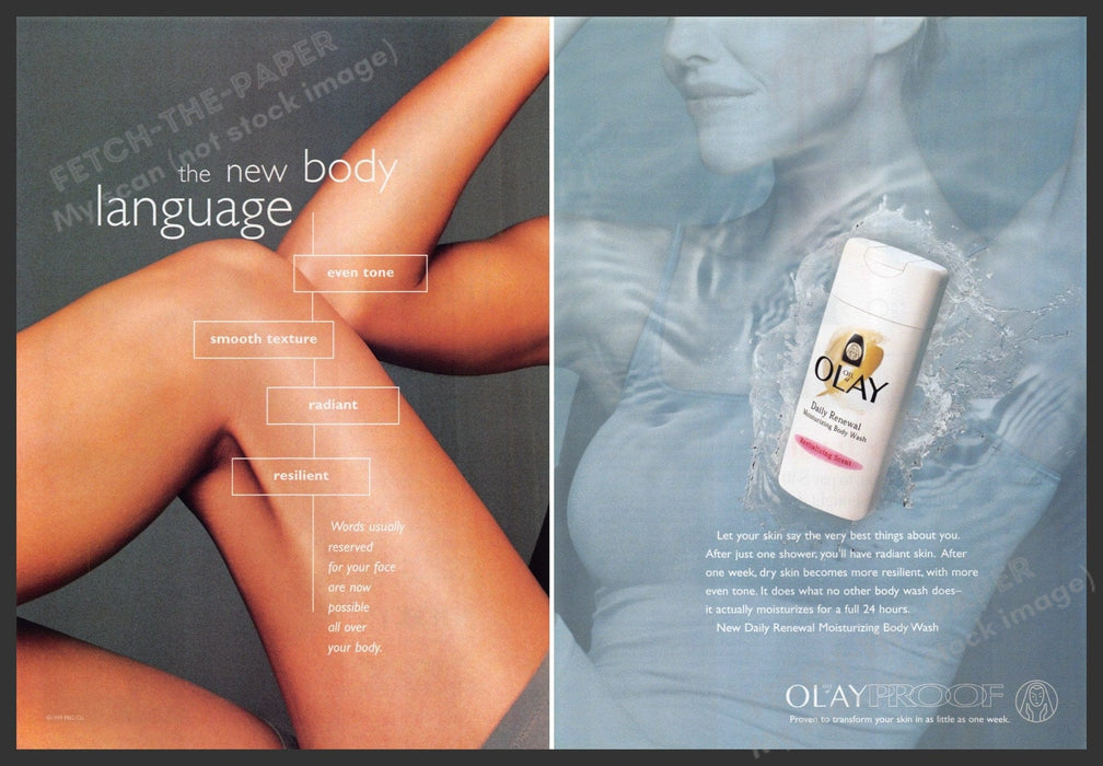Olay Body Renewal 1990s Print Ad (2 page) 1999 Legs "New body language" Fetch-the-Paper