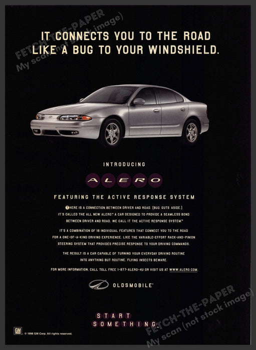 Oldsmobile Alero 1990s Magazine Print Ad 1998 "a bug to your windshield" Oldsmobile Alero