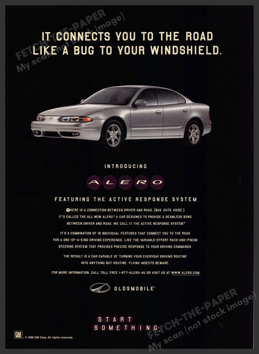 Oldsmobile Alero 1990s Magazine Print Ad 1998 "a bug to your windshield" Oldsmobile Alero
