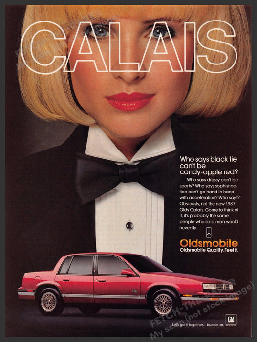 Oldsmobile Calais 1980s Print Advertisement Ad 1987 Black Tie Candy-apple Red Oldsmobile Calais
