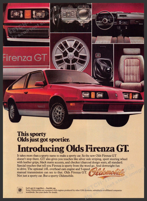 Oldsmobile Firenza GT Car 1980s Print Advertisement 1983 Sporty Fetch-the-Paper