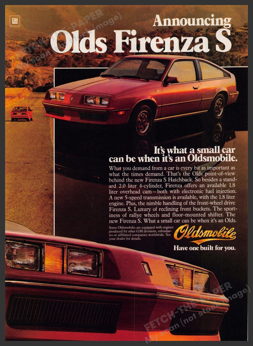 Oldsmobile Firenza S Car 1980s Print Advertisement 1982 Fetch-the-Paper