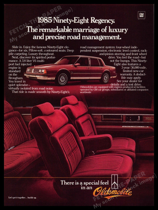 Oldsmobile Ninety-Eight Regency Car 1980s Print Ad 1985 Red Interior Fetch-the-Paper