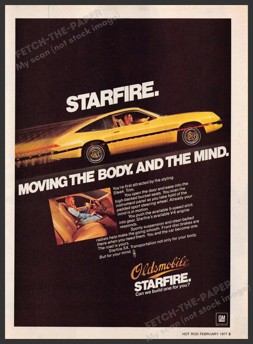 Oldsmobile Starfire 1970s Magazine Print Advertisement 1977 Moving Body & Mind Oldsmobile Starfire