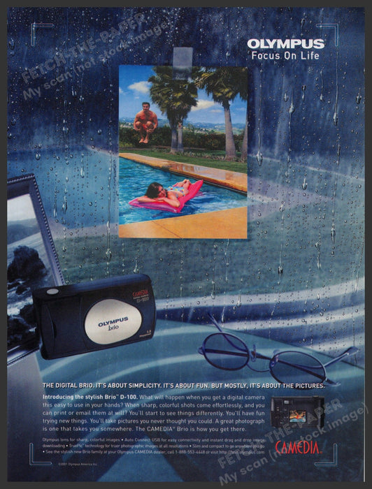 Olympus Brio D-100 2000s Print Advertisement 2001 Camera Cannonball Pool Girl Fetch-the-Paper
