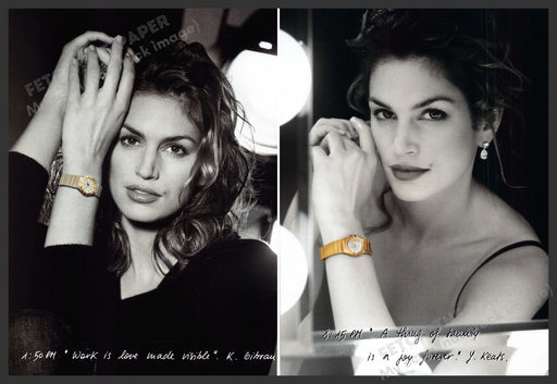 Omega Cindy Crawford Watches 1990s Print Advertisement 1 Page Front & Back Fetch-the-Paper