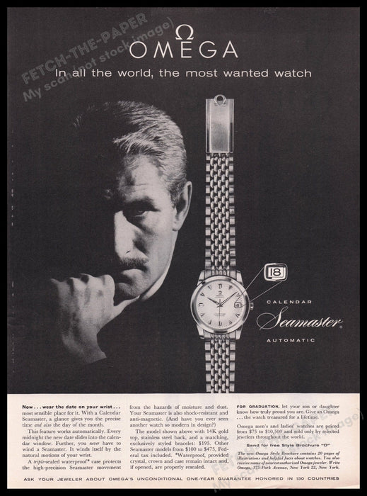 Omega Seamaster Calendar Automatic Watch 1950s Print Advertisement Ad 1959 Fetch the Paper!