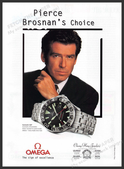Omega Watch Pierce Brosnan 1990s Print Advertisement 1999 Seamaster GMT Fetch-the-Paper