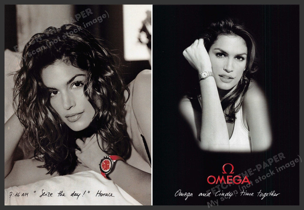 Omega Watches Cindy Crawford 1990s Print Advertisement 1 Page Front & Back Fetch-the-Paper