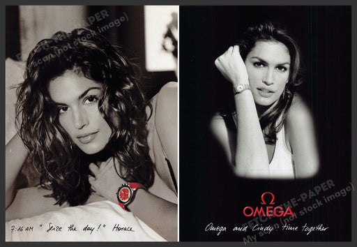 Omega Watches Cindy Crawford 1990s Print Advertisement 1 Page Front & Back Fetch-the-Paper