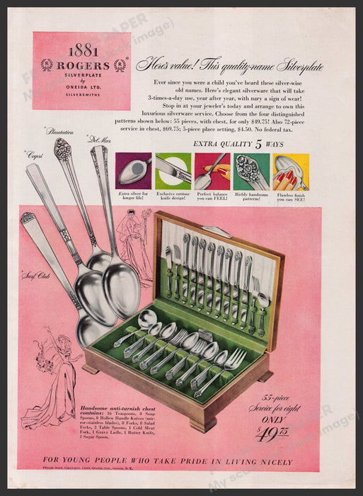 Oneida 1881 Rogers Flatware 1940s Print Advertisement Ad 1949 Del Mar, Capri Fetch-the-Paper
