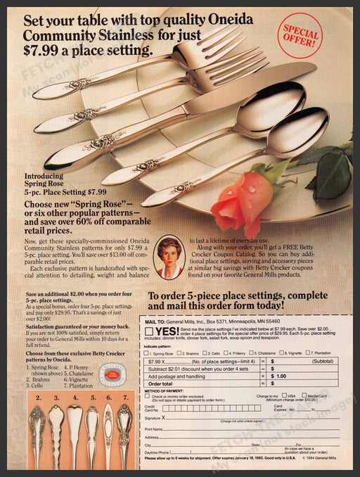Oneida 1980s Print Advertisement 1984 "Spring Rose" Pattern Oneida