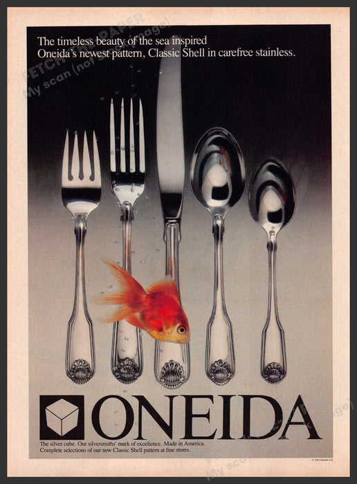 Oneida Classic Shell Flatware 1980s Print Advertisement 1983 Goldfish Fetch-the-Paper