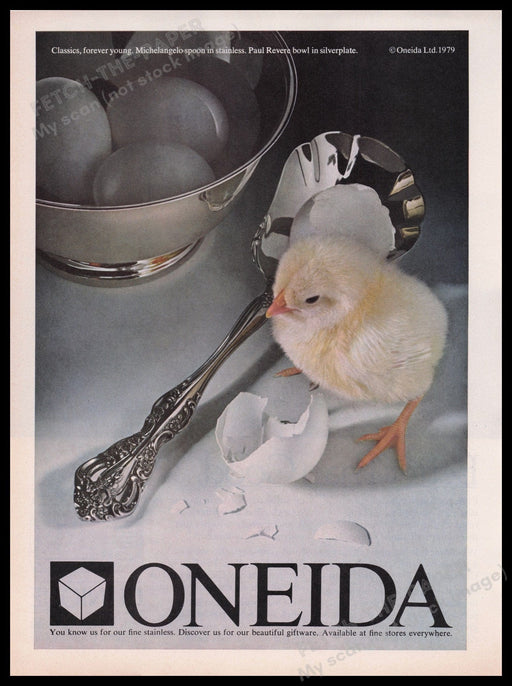 Oneida Flatware Chick 1980s Print Advertisement Ad 1980 Michelangelo Spoon Fetch the Paper!