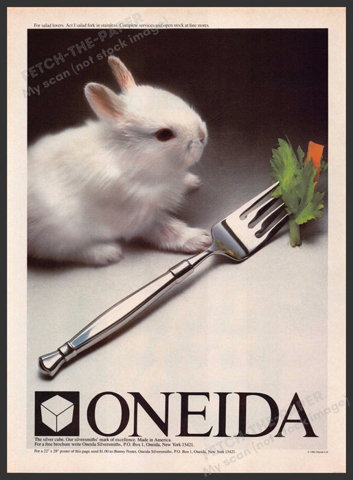 Oneida Pattern Act I 1980s Print Advertisement 1984 Bunny Rabbit Fork Salad Fetch-the-Paper