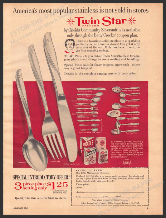 Oneida Silverware 1960s Print Advertisement Ad 1961 Betty Crocker "Twin Star" Oneida