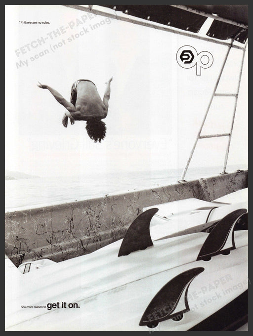 OP Ocean Pacific 2000s Print Advertisement 2003 Pier Surf Board Jumping Fetch-the-Paper