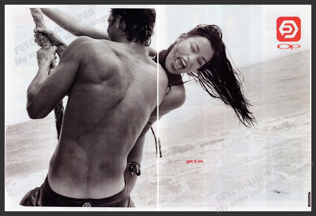 OP Ocean Pacific Couple on Beach 2000s Print Advertisement Ad (2 pages) 2002 Fetch-the-Paper