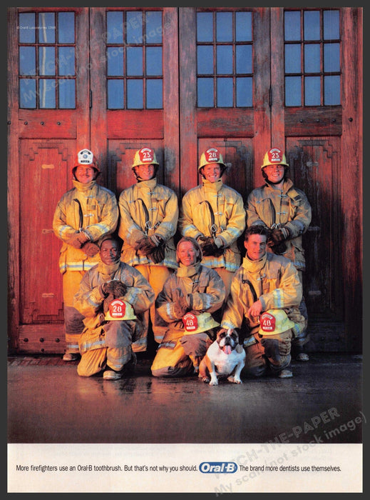 Oral-B 1990s Print Advertisement 1998 Firefighters & Bulldog Oral-B