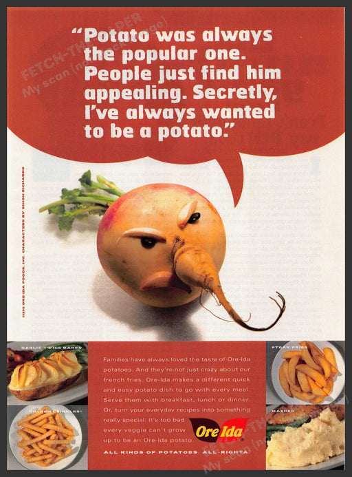 Ore-Ida 1990s Print Advertisement 1998 Radish Character Wants to be a Potato Ore-Ida