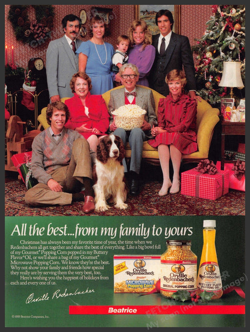 Orville Redenbacher 1980s Magazine Print Ad 1985 His Family & Dog Couch Orville Redenbacher