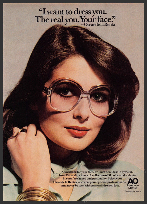 Oscar de la Renta Eyeglasses 1970s Print Advertisement 1976 Dress Your Face Fetch-the-Paper