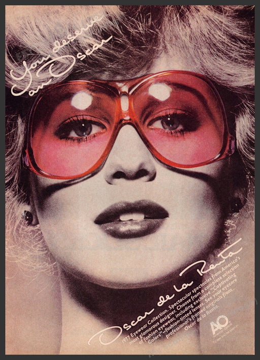 Oscar de la Renta Sunglasses 1970s Print Advertisement 1977 You deserve Oscar Fetch-the-Paper