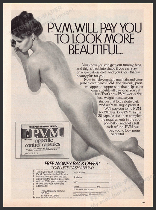 P.V.M. Appetite Control Capsules 1980s Print Advertisement Ad 1981 Bare Body Fetch-the-Paper