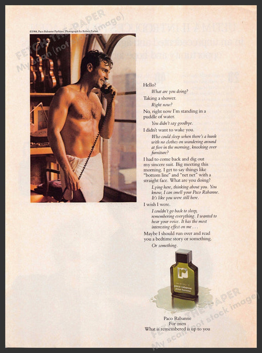 Paco Rabanne 1980s Magazine Print Advertisement 1985 Man Shower Towel Telephone Paco Rabanne