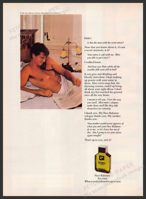Paco Rabanne 1980s Print Advertisement 1987 Newspaper in Bed (Not the cologne) Paco Rabanne