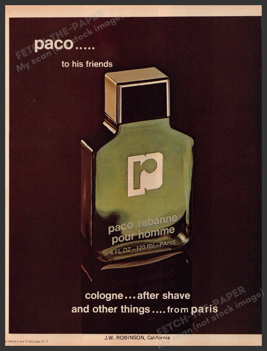 Paco Rabanne Men's Cologne 1970s Print Advertisement 1977 Fetch-the-Paper