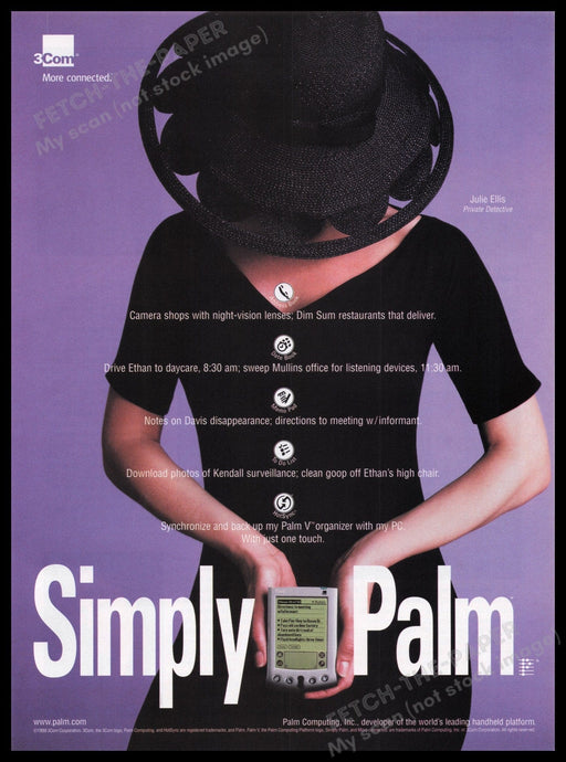 Palm V Computing 1990s Print Advertisement Ad 1999 "Simply Palm" Fetch the Paper!