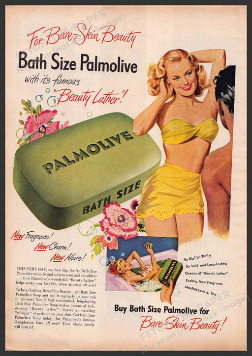 Palmolive Bath Soap 1940s Print Advertisement Ad 1949 Bare-skin Beauty Fetch-the-Paper
