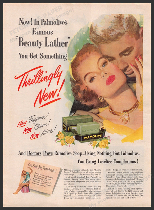 Palmolive Soap 1940s Print Advertisement Ad 1949 "Beauty Lather" Fetch-the-Paper