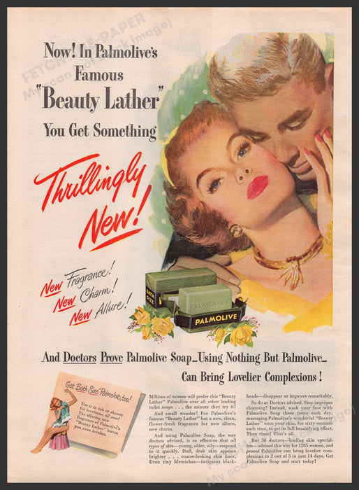 Palmolive Soap 1940s Print Advertisement Ad 1949 "Beauty Lather" Fetch-the-Paper