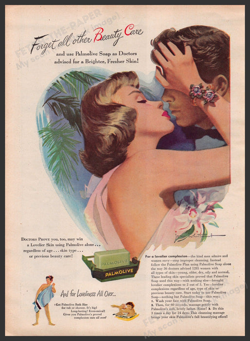 Palmolive Soap Bath Kissing Couple 1940s Print Advertisement Ad 1949 Fetch-the-Paper