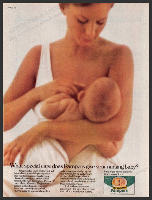 Pampers 1980s Print Advertisement Ad 1983 Diapers Mom Nursing Baby Fetch-the-Paper