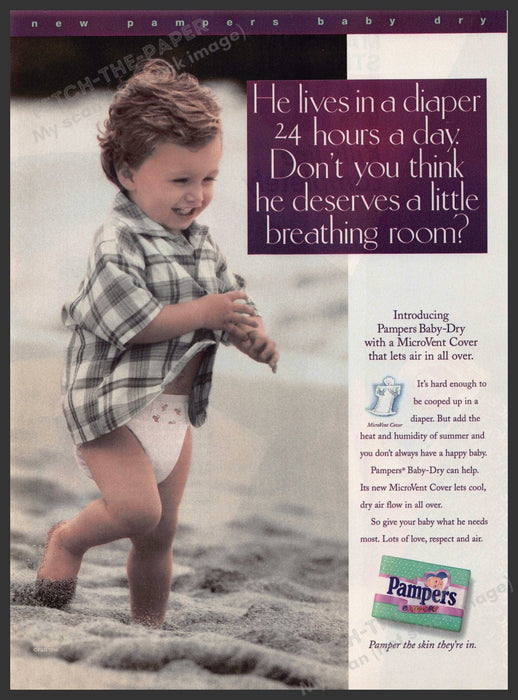 Pampers 1990s Print Advertisement 1998 Baby-Dry Beach Sand Toddler Pampers
