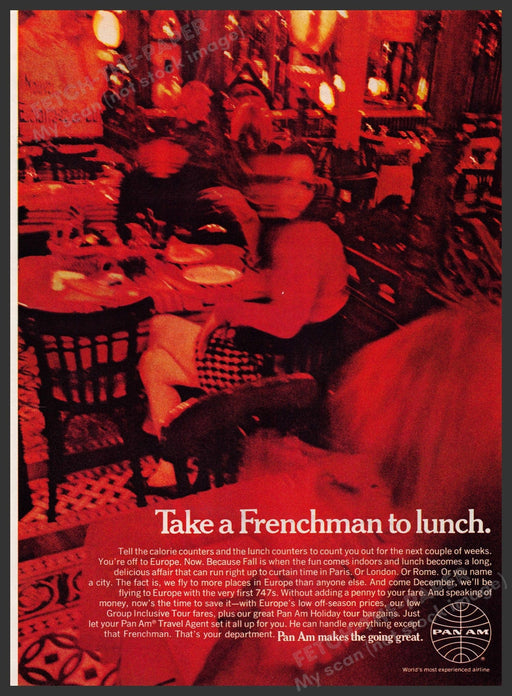 Pan Am Airlines 1960s Print Advertisement Ad 1969 "Take a Frenchman to lunch" Fetch the Paper!