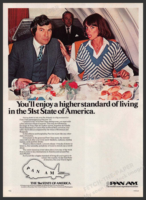 Pan Am Airlines First Class Dining Room 1970s Print Advertisement Ad 1977 Fetch-the-Paper