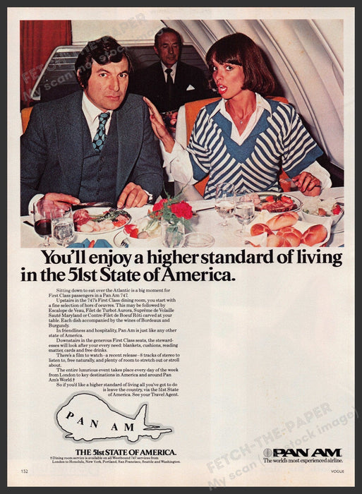 Pan Am Airlines First Class Dining Room 1970s Print Advertisement Ad 1977 Fetch-the-Paper