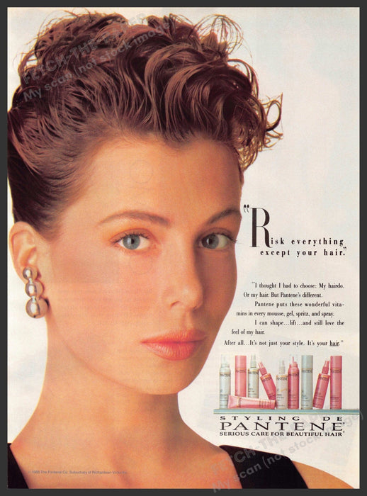 Pantene 1980s Print Ad 1989 Up Do Hair "Risk everything except your hair" Ad Pantene