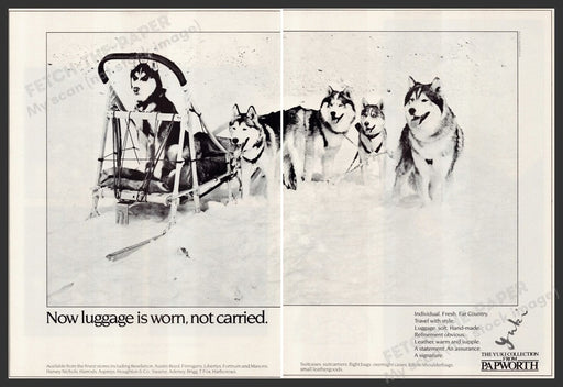Papworth Yuki Collection Luggage Husky 1980s Print Advertisement Ad (2 pg) 1982 Fetch the Paper!