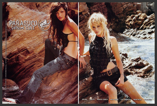 Parasuco Denim Cult 2000s Print Advertisement (2pg centerfold) 2004 2 Girls Rock Fetch-the-Paper