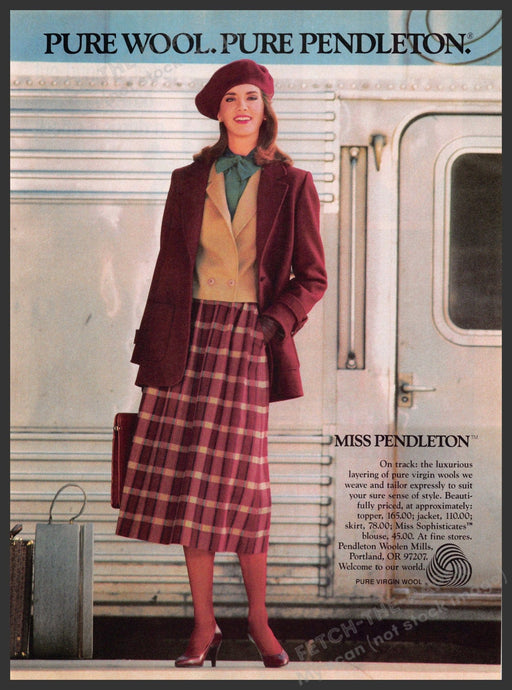 Pendleton 1980s Print Advertisement Ad 1985 Miss Wool Plaid Skirt Train Pendleton