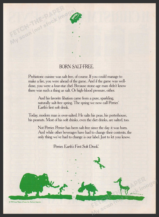 Perrier Water 1980s Print Advertisement 1983 "Earth's first soft drink" Fetch-the-Paper