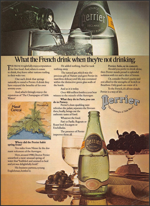 Perrier Water French Mountain Springs 1970s Print Advertisement Ad 1977 Fetch-the-Paper