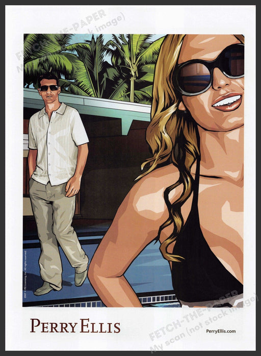 Perry Ellis 2000s Print Advertisement 2007 Couple Illustration Palm Trees Fetch-the-Paper
