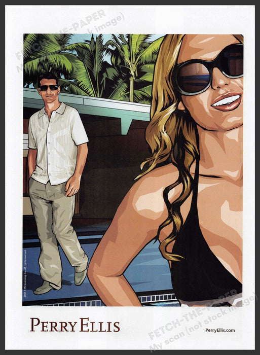 Perry Ellis 2000s Print Advertisement 2007 Couple Illustration Palm Trees Fetch-the-Paper